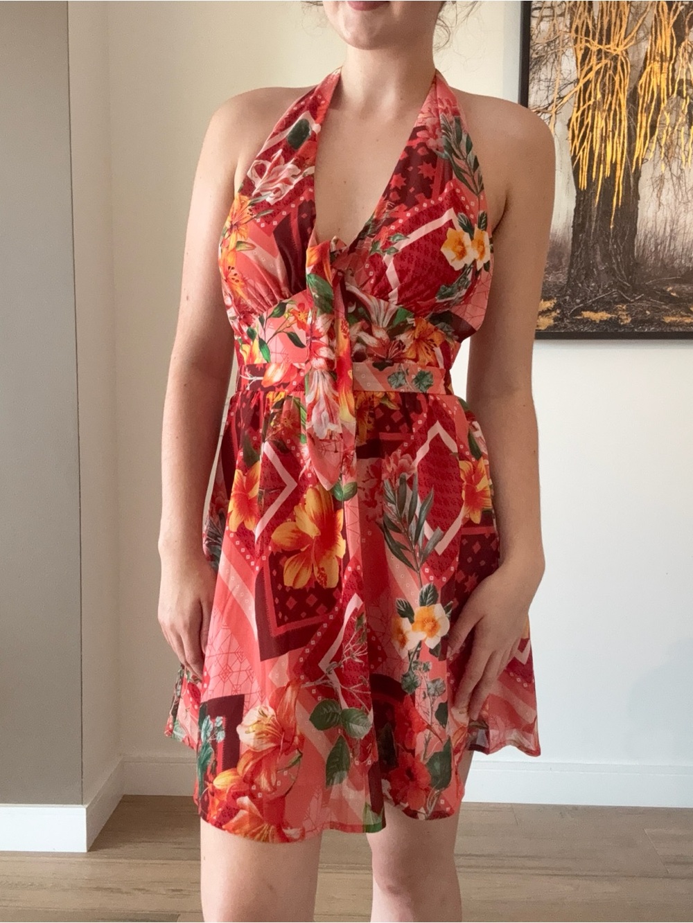 SHEIN Red Floral Halter Tie-Front Mini Dress